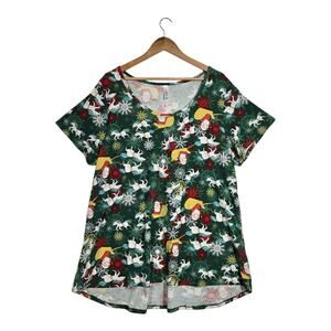 Lularoe Santa Top Sz 3XL Green Unicorn Reindeer Santa Sleigh Short Sleeve